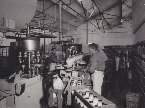 1957-chaine-embouteillage-du-lait-en-bouteille-verre-agrilait